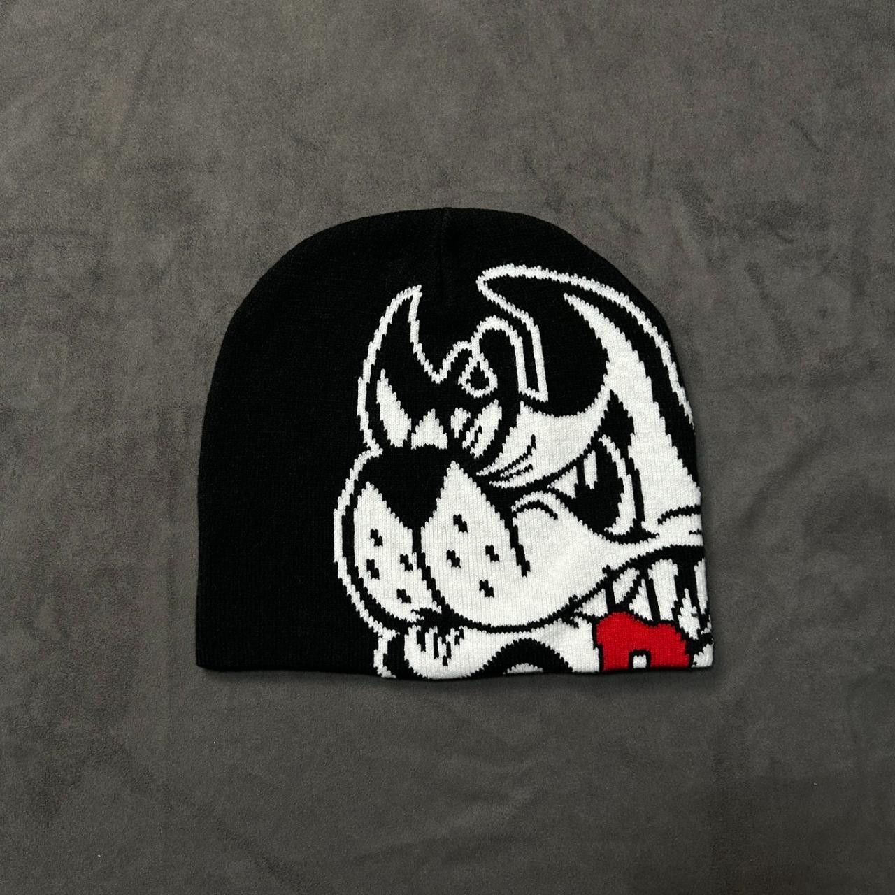 Japanese Brand Rare Angry Wolf Graphic Graphic No Cuff Knit Beanie Blk Hat Size ONE SIZE - 1 Thumbnail