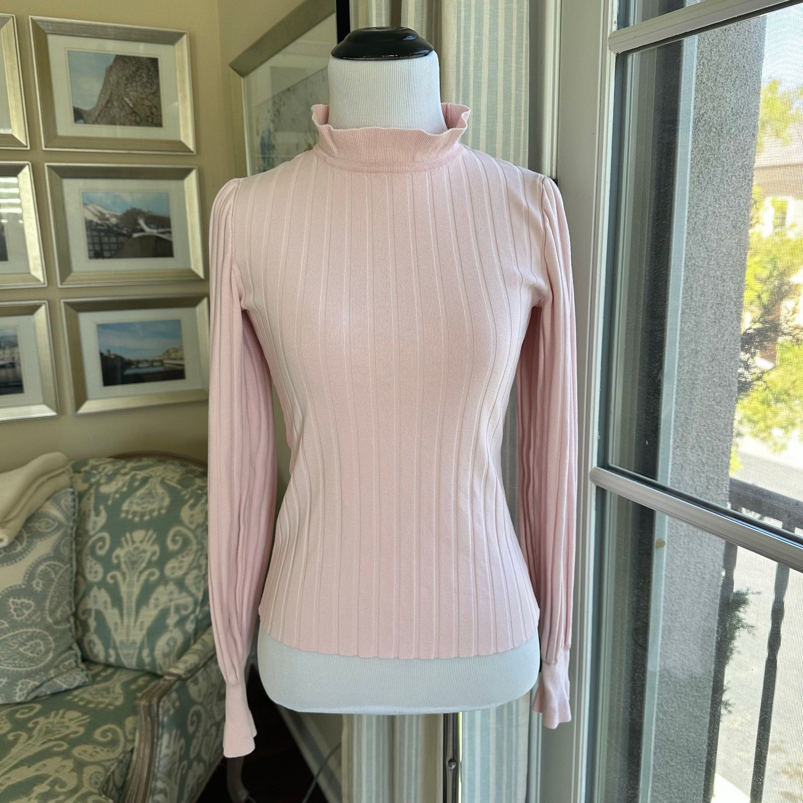 Max Mara Max Mara Zoraide Ruffle Pink Mock Neck Rib Sweater Size S Size S / US 4 / IT 40 - 1 Thumbnail