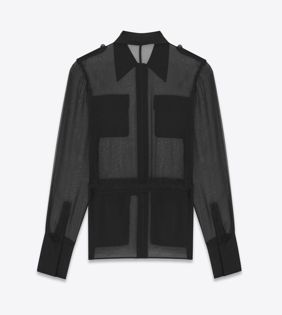 Saint Laurent Paris o1s1wg110625 781144 Saharienne Blouse in Silk Muslin Black Size US XXS / EU 40 - 2 Thumbnail