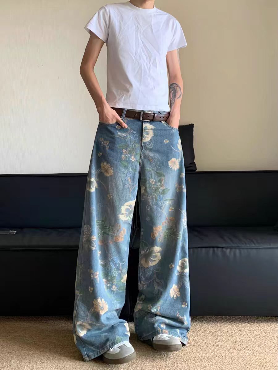 Japanese Brand × Jean Vintage style floral print wide leg jeans Size US 33 - 1 Thumbnail