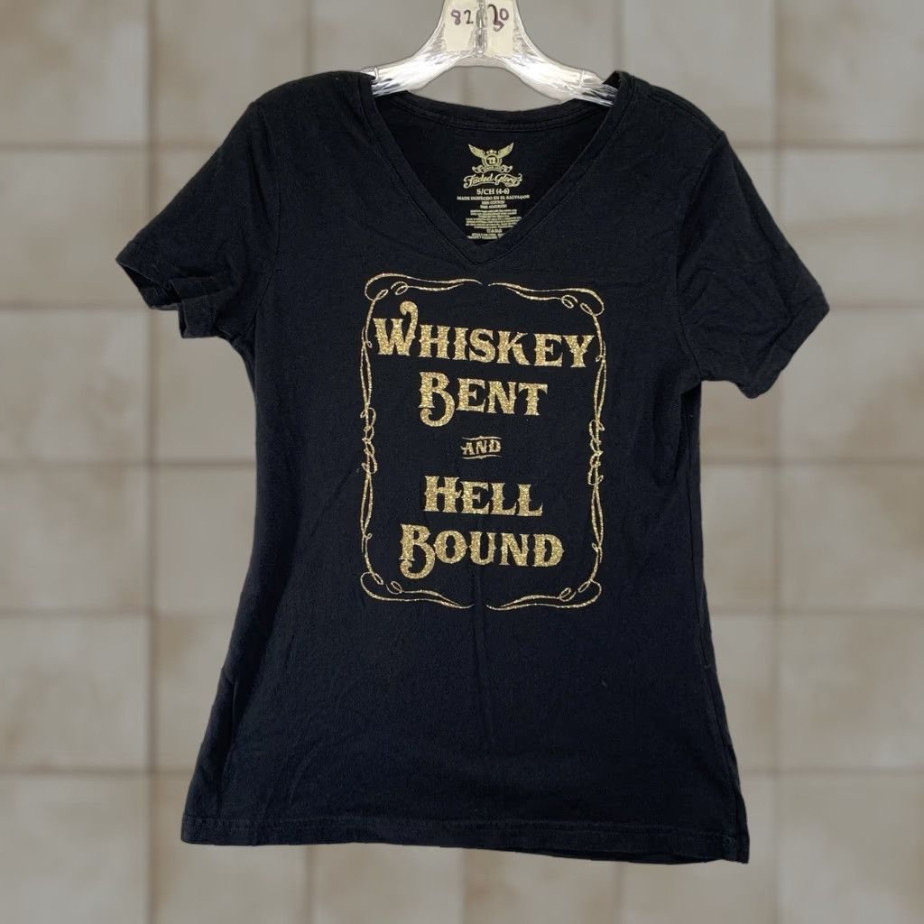 Faded Glory Women's Biker Cowgirl Top Small Glitter Graphic Whiskey Bent & Hell Bound Cotton Size S / US 4 / IT 40 - 1 Thumbnail