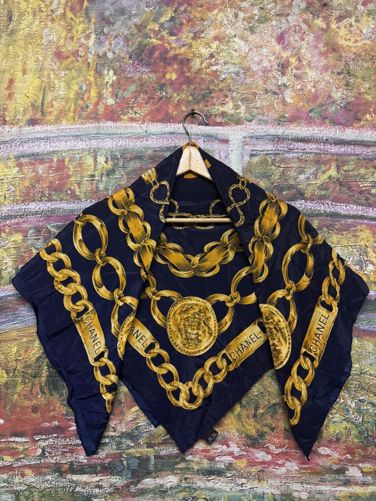 Authentic CHANEL navy gold slik scarf