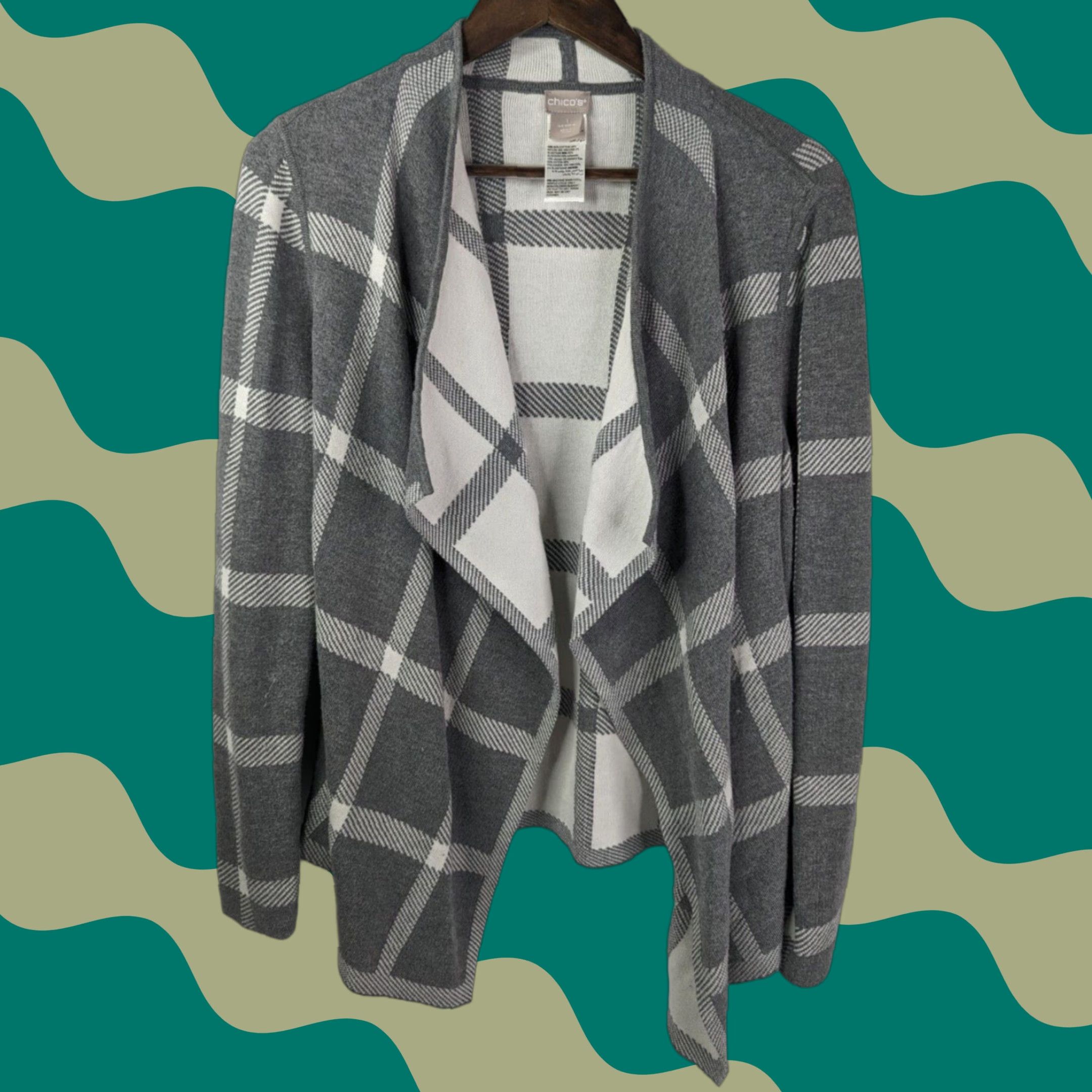 Vintage VINTAGE Chico’s Reversible Windowpane-Print Drape Open Cardigan Size 1 Grey 570244415 Size M / US 6-8 / IT 42-44 - 1 Thumbnail