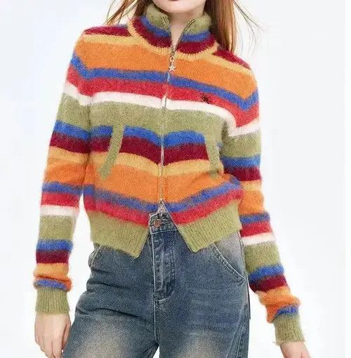 Designer Colorful Striped Zip Cardigan Sweater Size M / US 6-8 / IT 42-44 - 2 Thumbnail