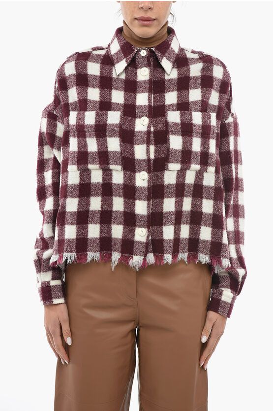 image of Destin Gun Club Check Fringed Overshirt in Bianco/Burgundy, Women's (Size XS)