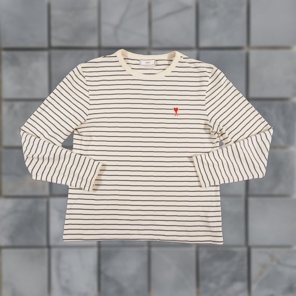 Vintage VINTAGE AMI Women's T-Shirt Long Sleeve Crew Neck Casual Knit Cotton Size Large Ivory Striped Heart Logo Size L / US 10 / IT 46 - 1 Thumbnail