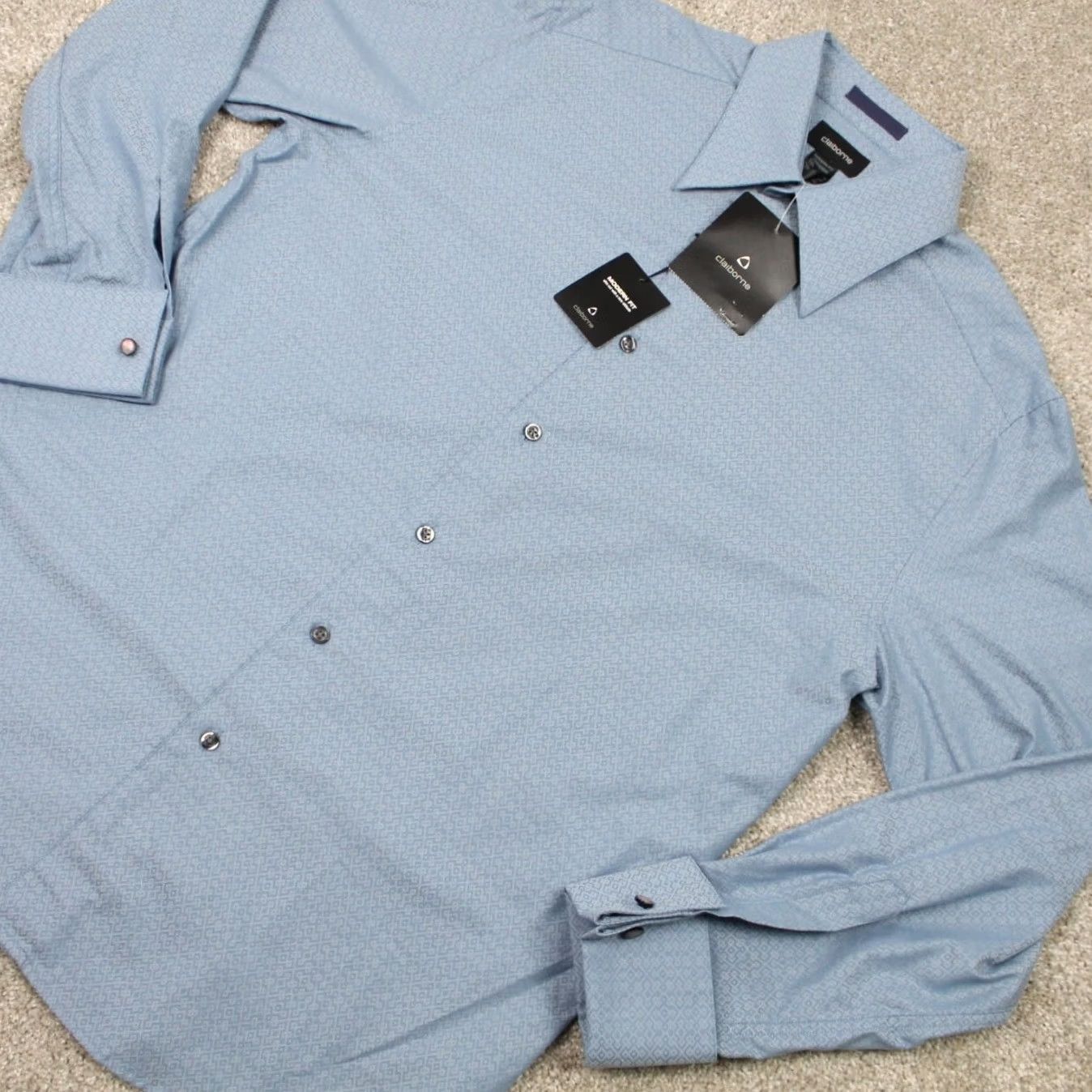 Liz Claiborne Claiborne Shirt Mens Large Blue Gray Reflections Modern Fit Cotton L/S Button-Up Size US L / EU 52-54 / 3 - 3 Thumbnail