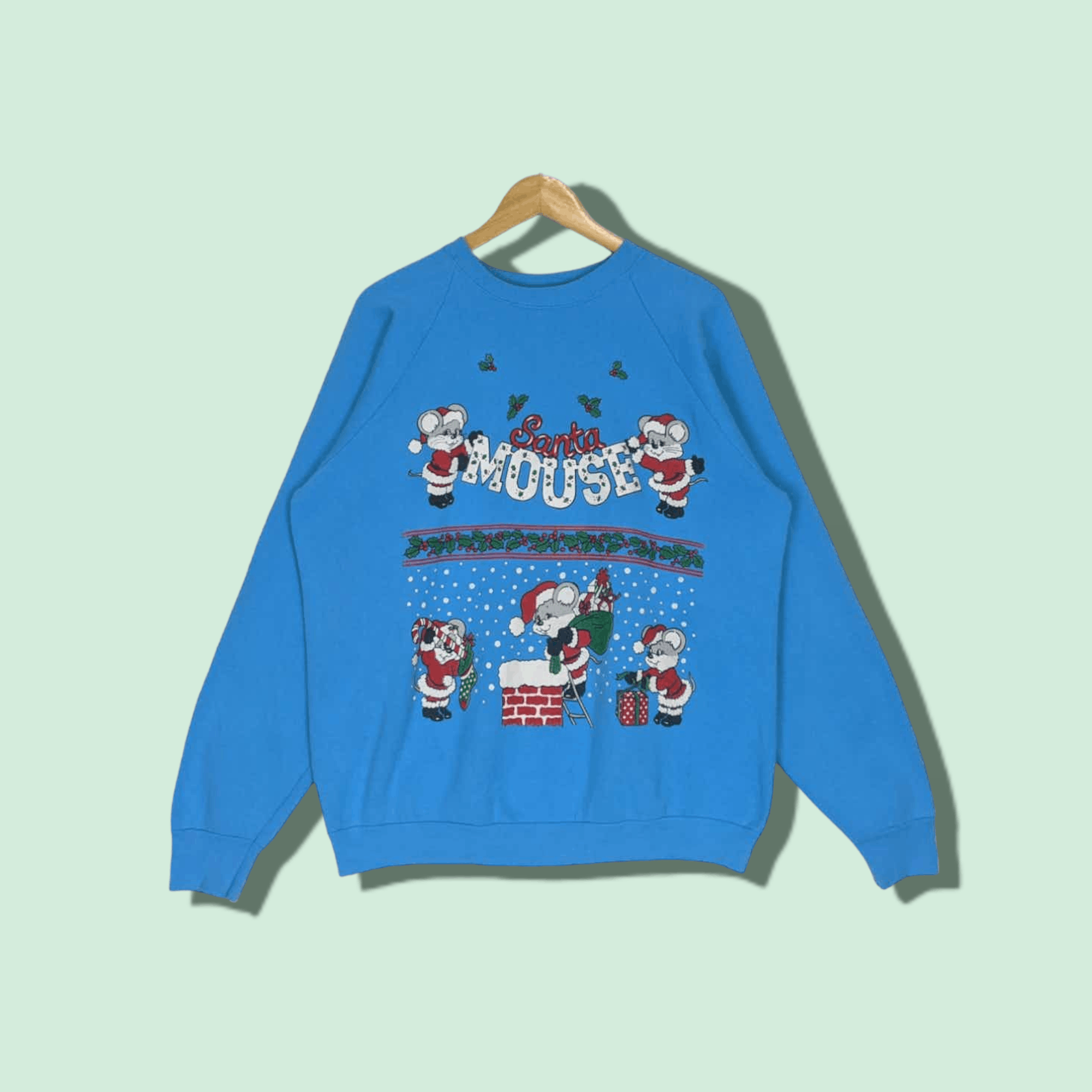 image of 1990X Clothing x Fruit Of The Loom Vintage 90's Fotl Santa Mouse Christmas Jumper Sweatshirt in Blu