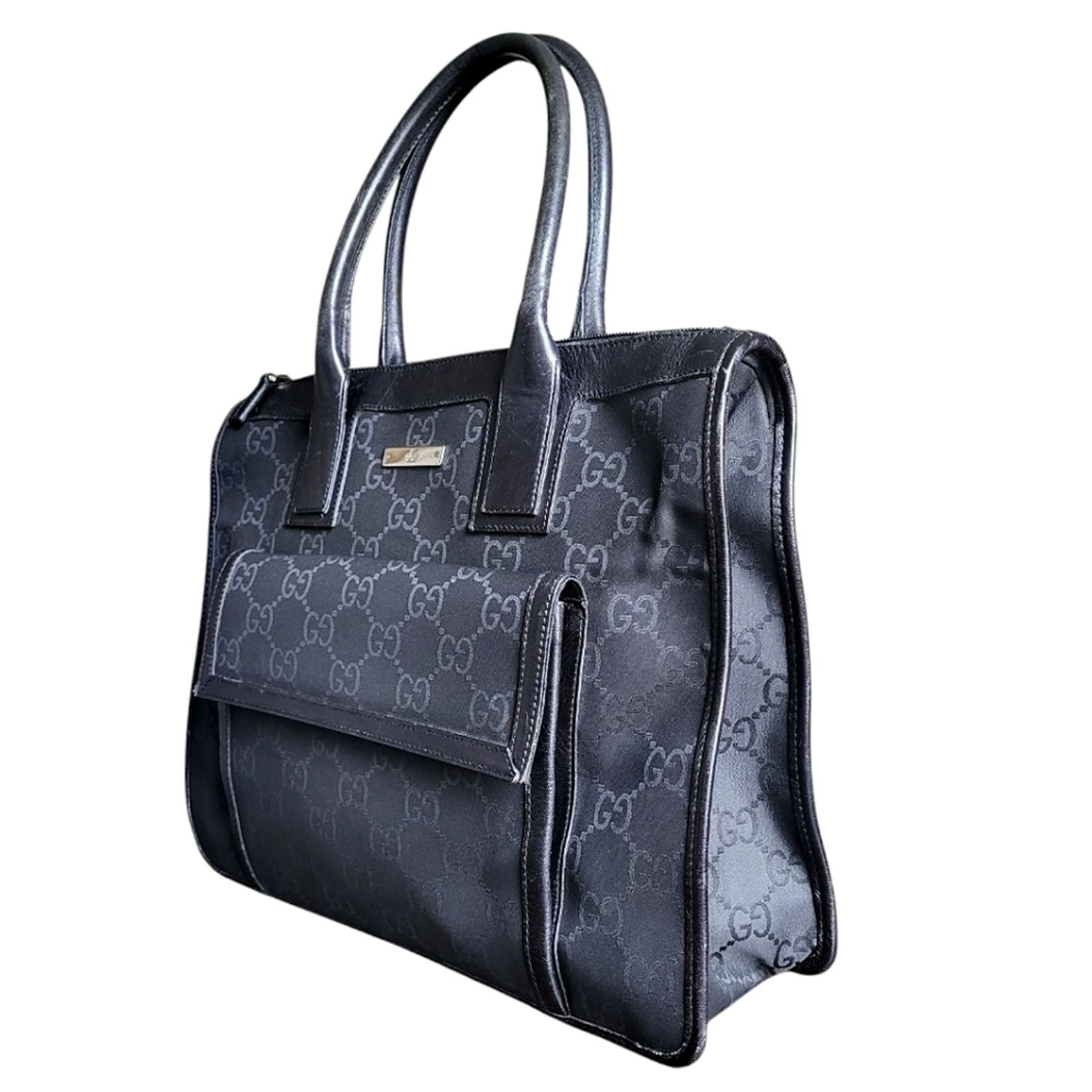 Gucci Gucci GG Nylon Leather Handbag Black Monogram Tote Bag Size ONE SIZE - 2 Thumbnail