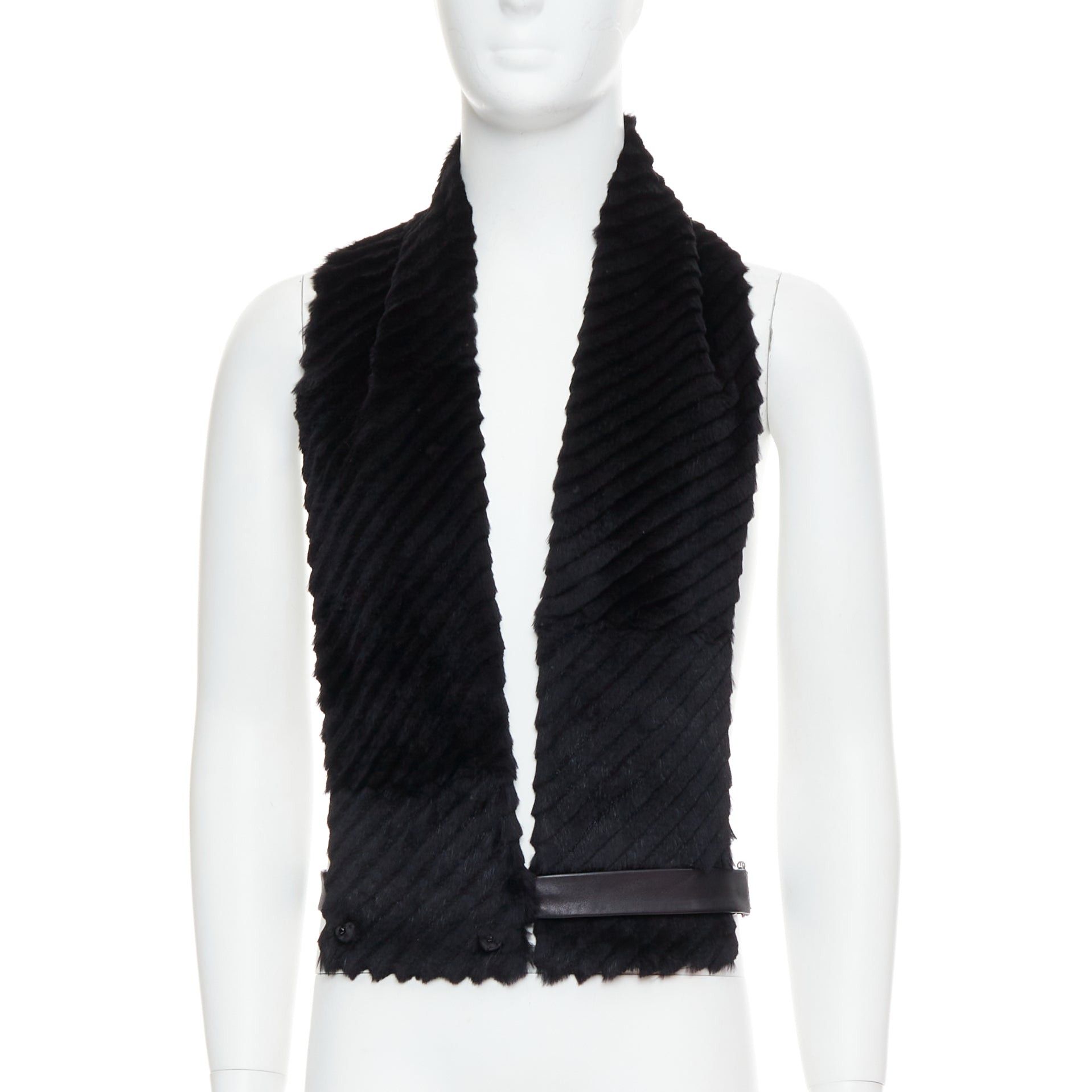 Versace VERSACE black textured rabbit fur soft leather belt shawl scarf vest Size ONE SIZE - 1 Thumbnail