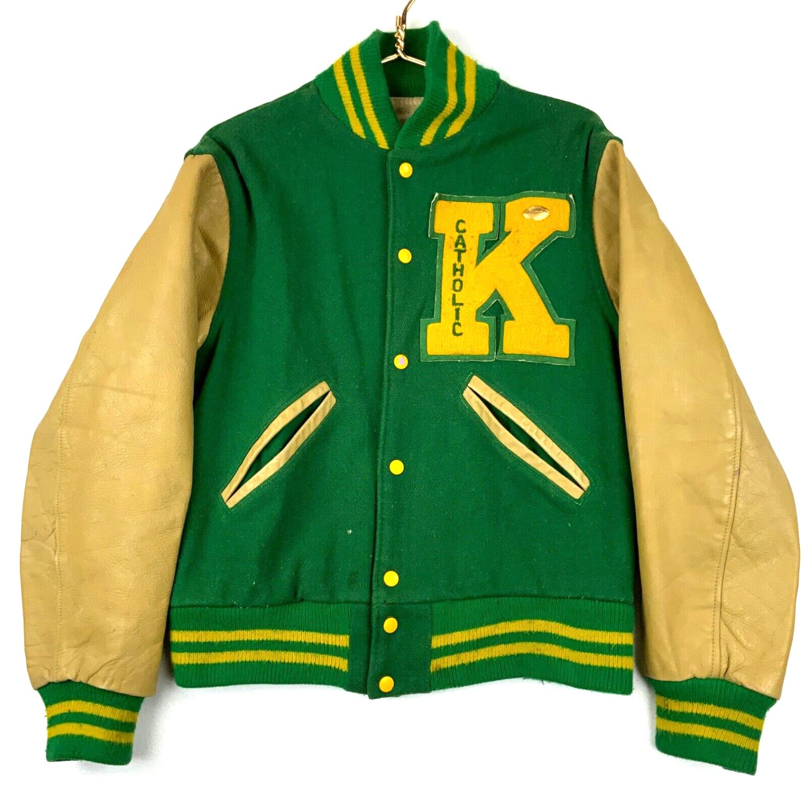 Image of Vintage Snap Button Varsity Bomber Jacket Wool Leather Small Green in White, Men's