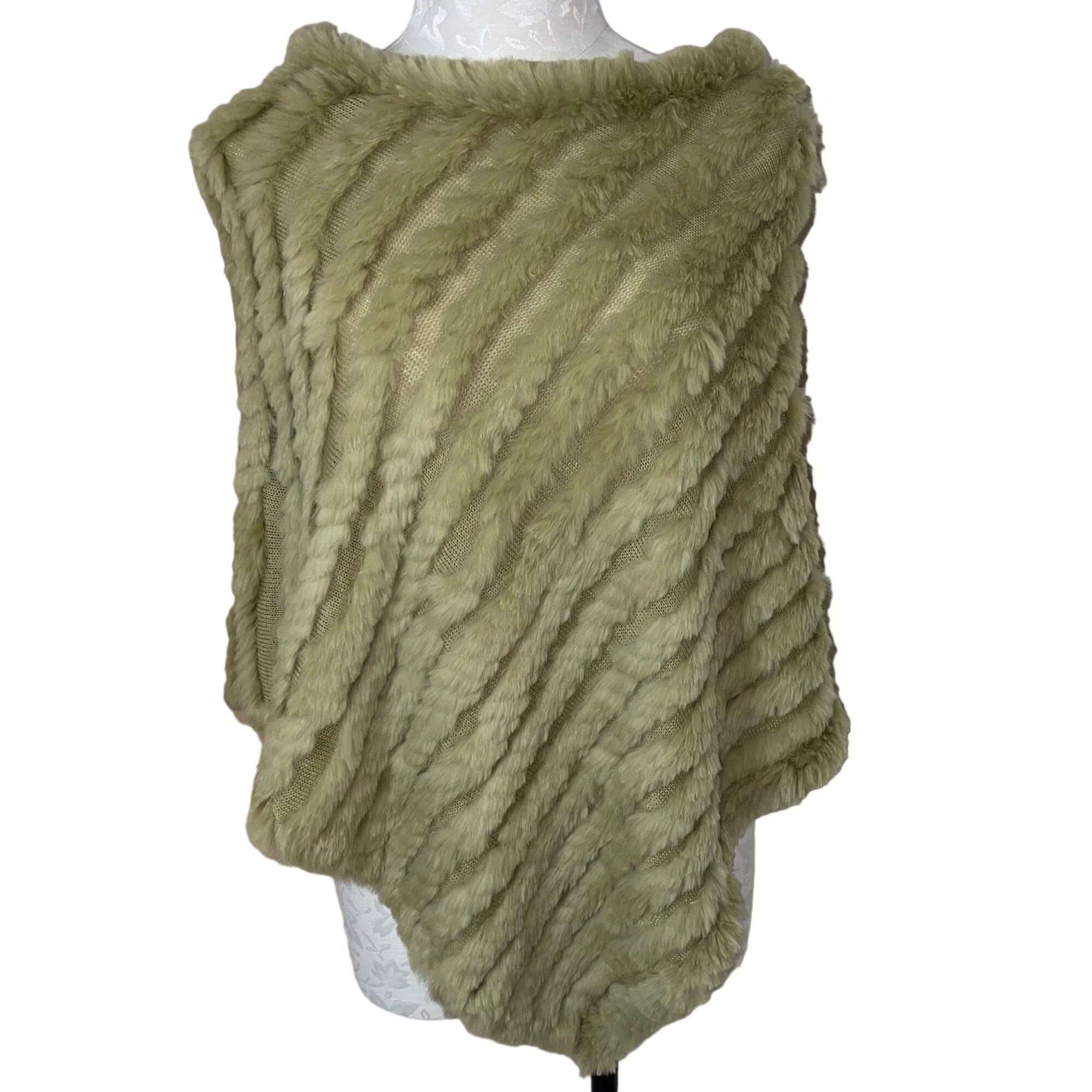 Black Rivet Rabbit Fur Knit Poncho One Size Sage Green