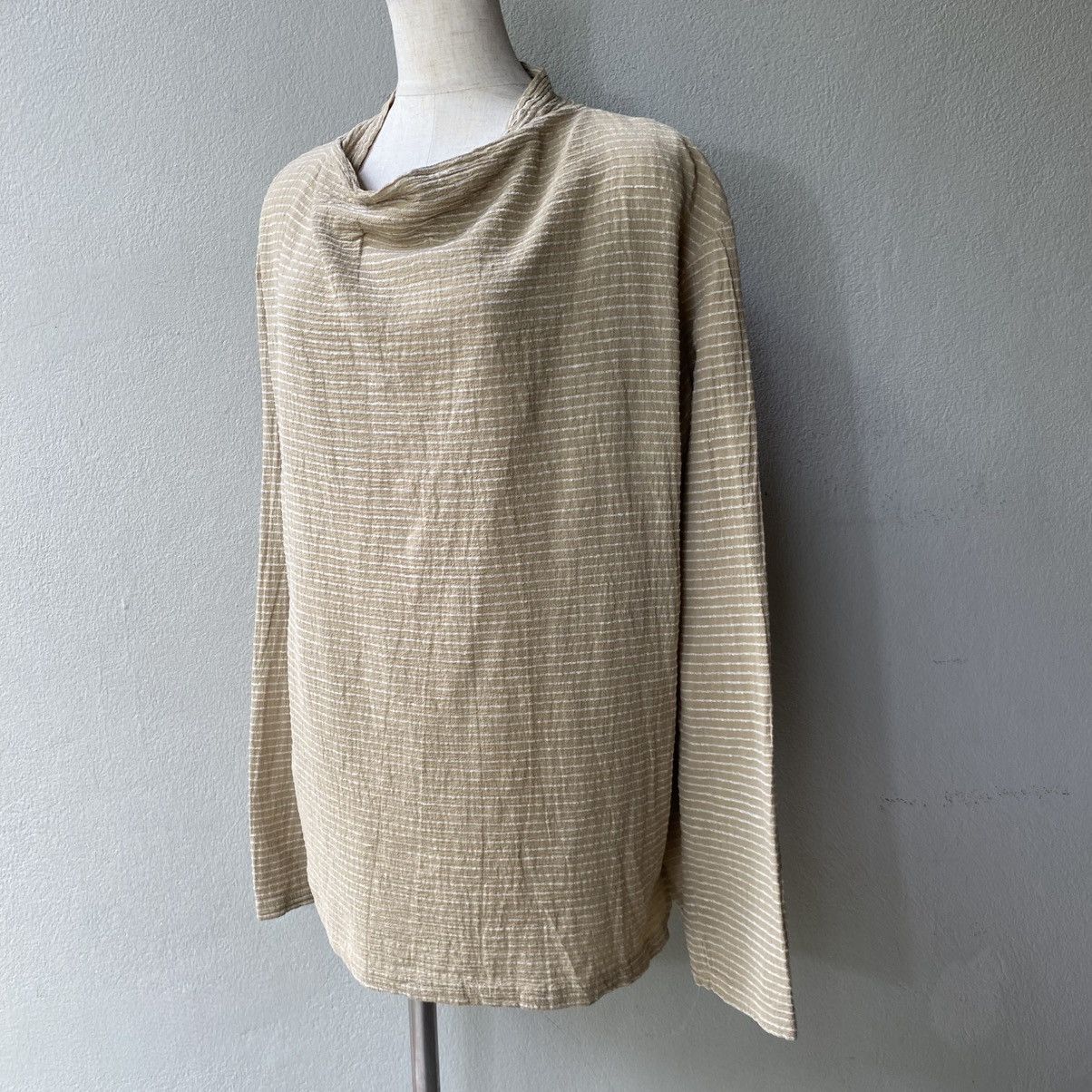 Issey Miyake Plantation Beige Striped Cowl Neck Long Sleeve Top Size M / US 6-8 / IT 42-44 - 13 Thumbnail