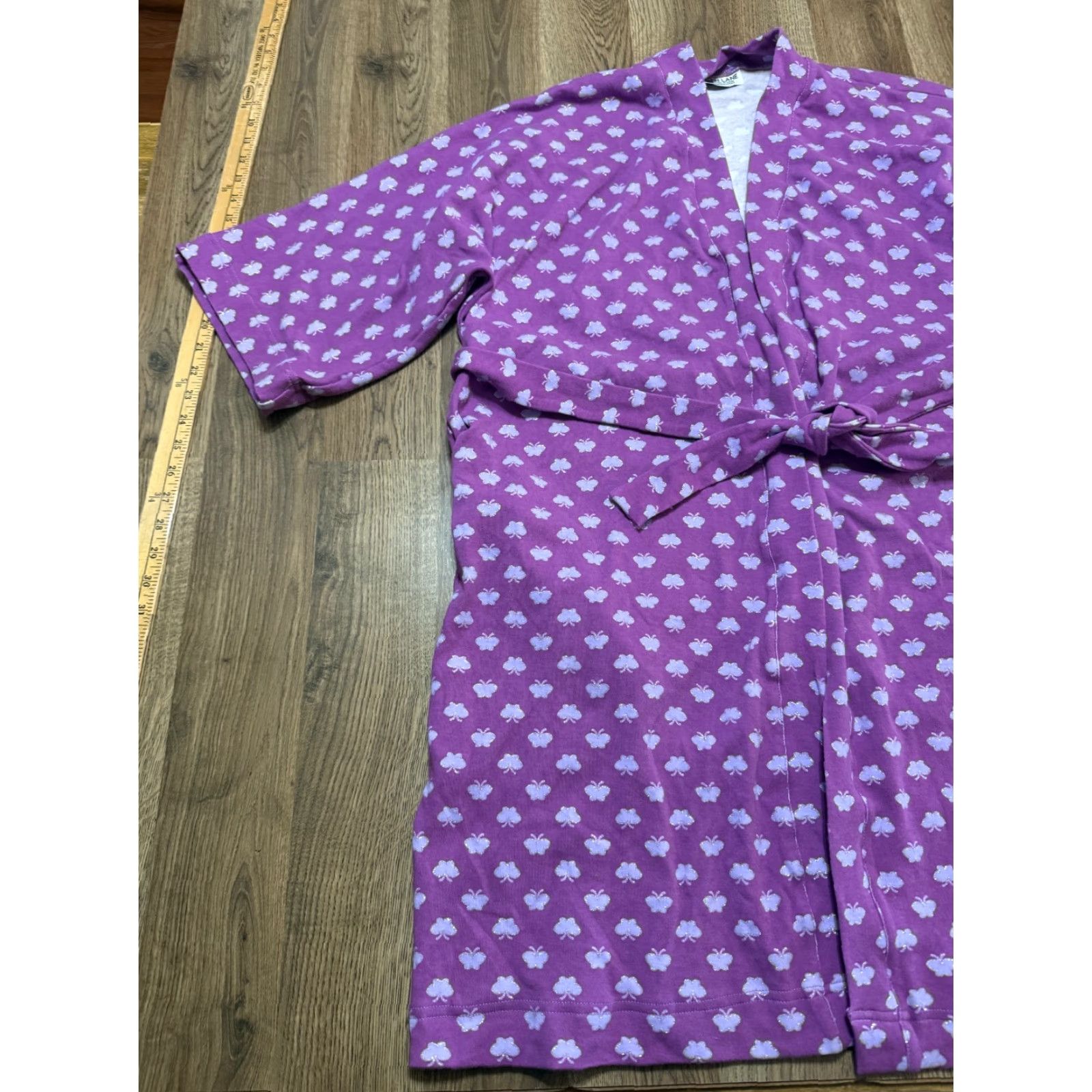Vintage Aspen Lane Robe Women S/M Purple White Butterflies Tie Waist Size ONE SIZE - 3 Thumbnail