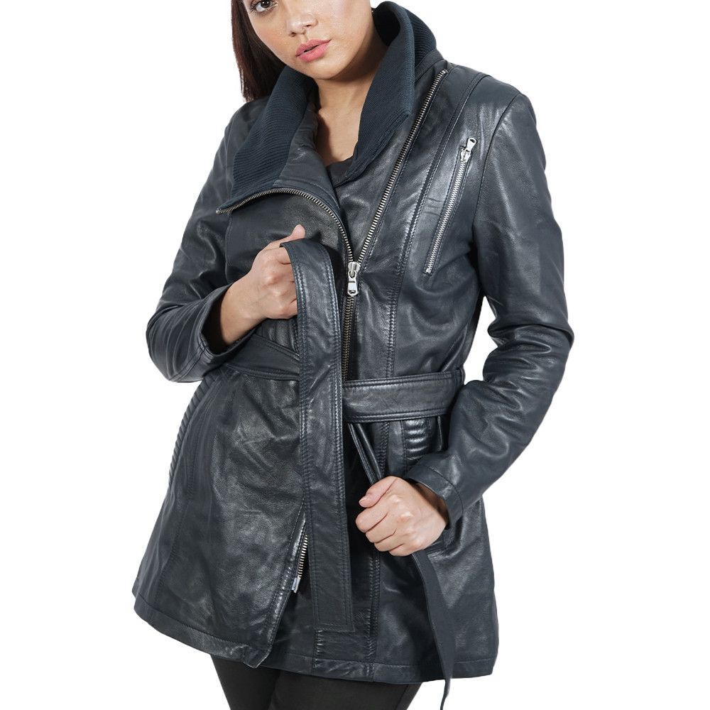 image of Genuine Leather Daniela Navy Blue Leather Jacket, Women's