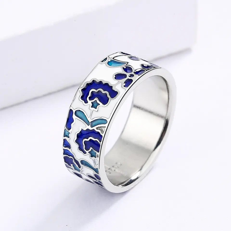 Jewelry Ring Blue Enamel Flower Size ONE SIZE - 4 Thumbnail