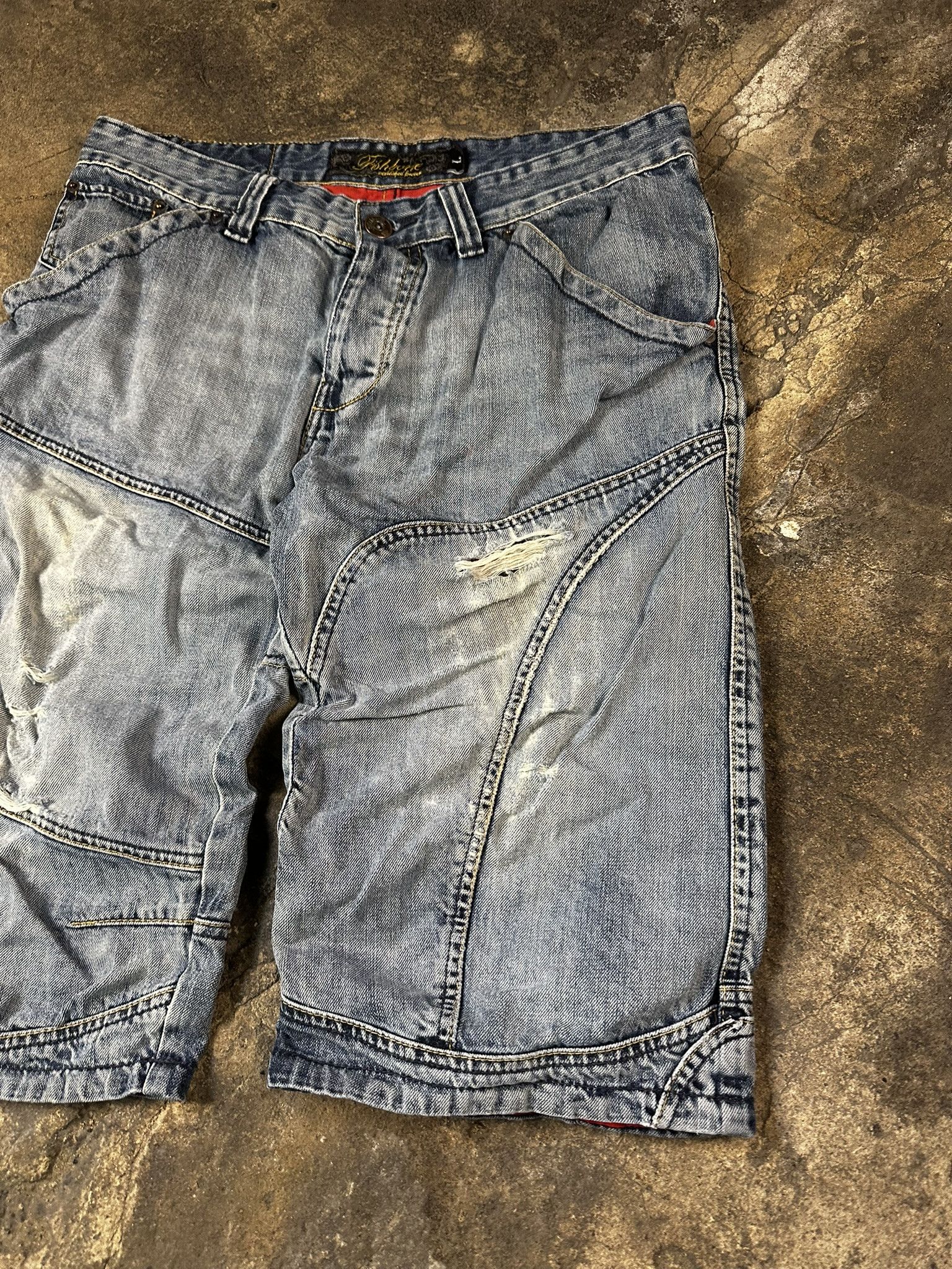 JNCO × Vintage Y2k JNCO Style Fishbone Faded Oversized Jeans Shorts Jorts Size US 34 / EU 50 - 3 Thumbnail