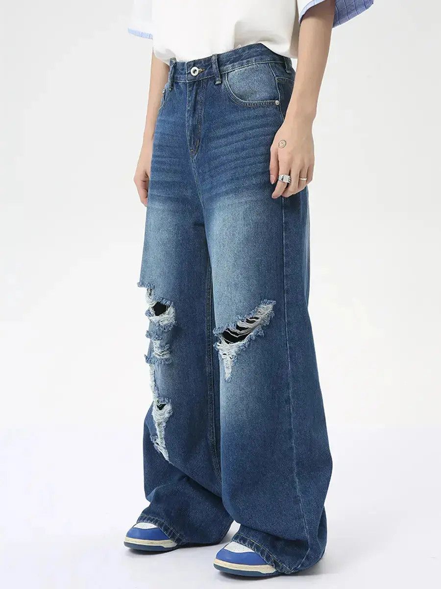 Japanese Brand Retro loose washed ripped jeans Size US 32 / EU 48 - 6 Thumbnail