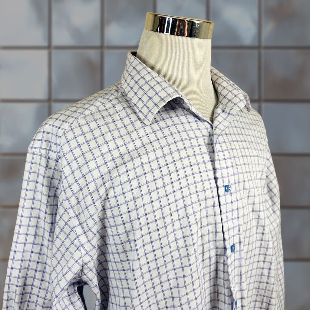 David Donahue David Donahue Dress Shirt Men 18 34/35 White Blue Purple Plaid Cotton Button Up Shirt Regular Fit Long Sleeve Mens 100% Cotton Check Pattern White Size 48R - 1 Thumbnail