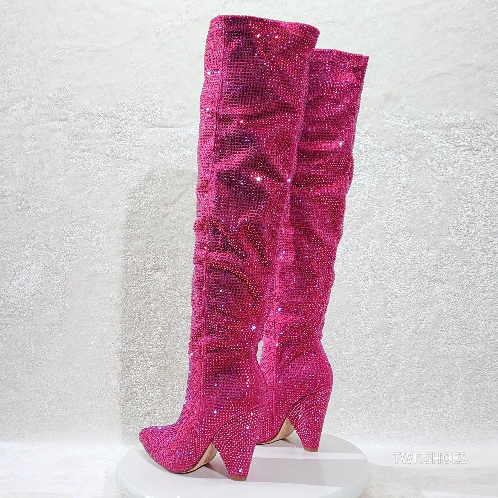 Other New Year Party Fuchsia Pink Rhinestone Thigh boots 4.25" Hee Size US 10 / IT 40 - 5 Thumbnail