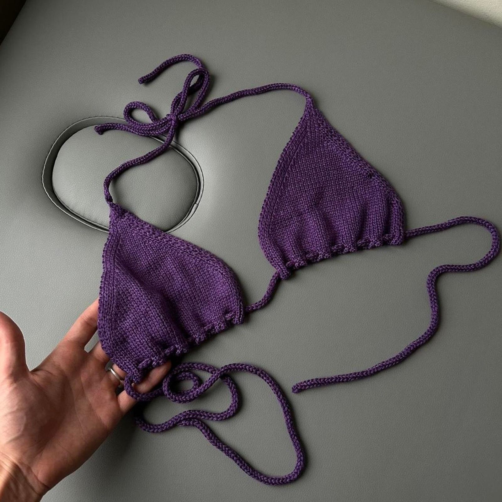 Vintage J Lux Label Purple Knit Crochet Bikini Bra Top Size L / US 10 / IT 46 - 3 Thumbnail