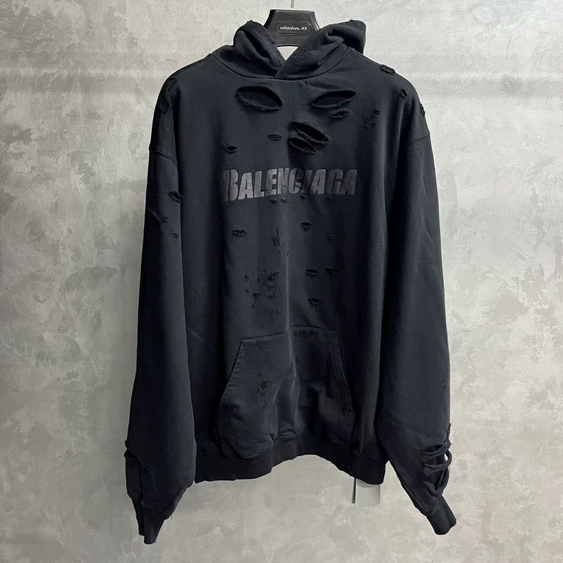 Balenciaga Balenciaga Black logo print ripped hooded long sleeve swea Size US XXS / EU 40 - 1 Thumbnail