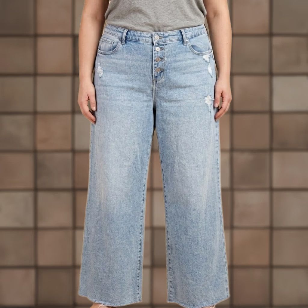 Vintage Wonderly Wide Leg Jeans Light Wash High Rise Distressed Raw Hem 18W Women Size 40" / US 18 - 1 Thumbnail