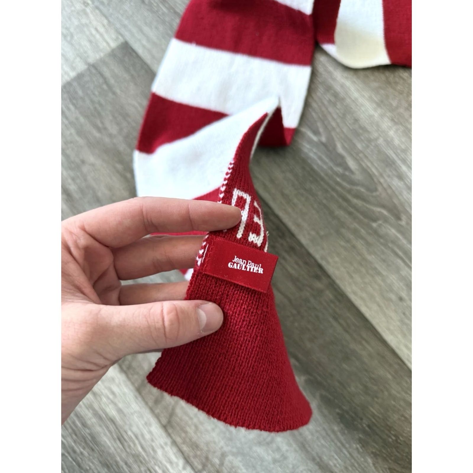 Jean Paul Gaultier VINTAGE Jean Paul Gaultier Scarf I LOVE GAULTIER Red White Striped Knit Square Unisex Neck Warmer Logo 90s Love Gaultier Scarf Mens Womens Size ONE SIZE - 4 Thumbnail