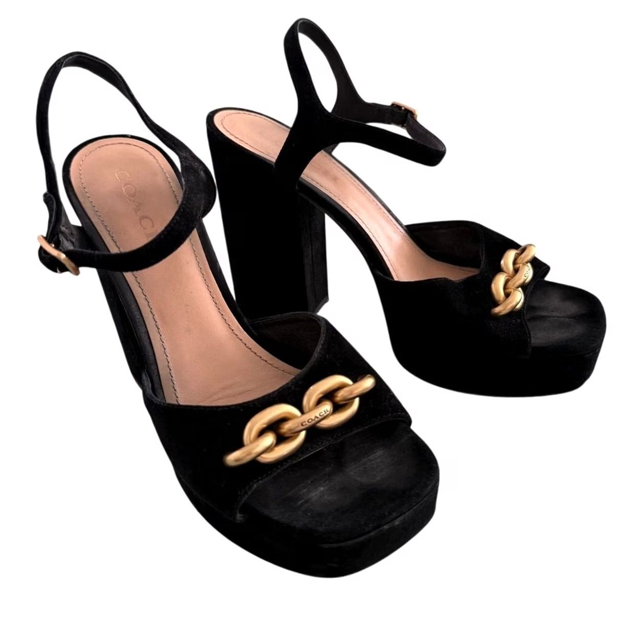 Coach Coach Nicolette Sandal Black Suede Gold Chain 4.75" Block Heel 1.25" Platform Women 9.5 Size US 10 / IT 40 - 2 Thumbnail
