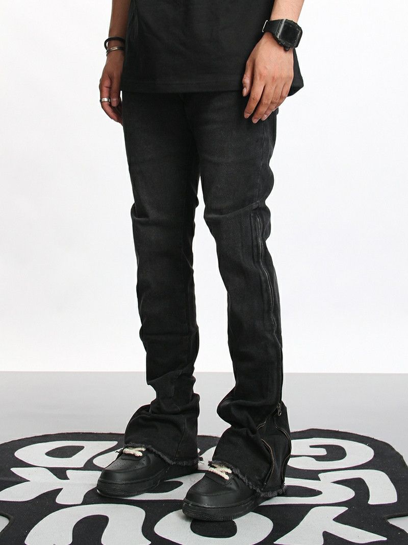 zipper utility damaged faded flared jeans