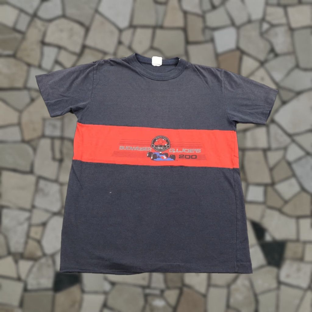 VINTAGE Budweiser Racing Shirt Adult Medium Gray Graphic Print Crew Neck Portland Rose Festival Mens