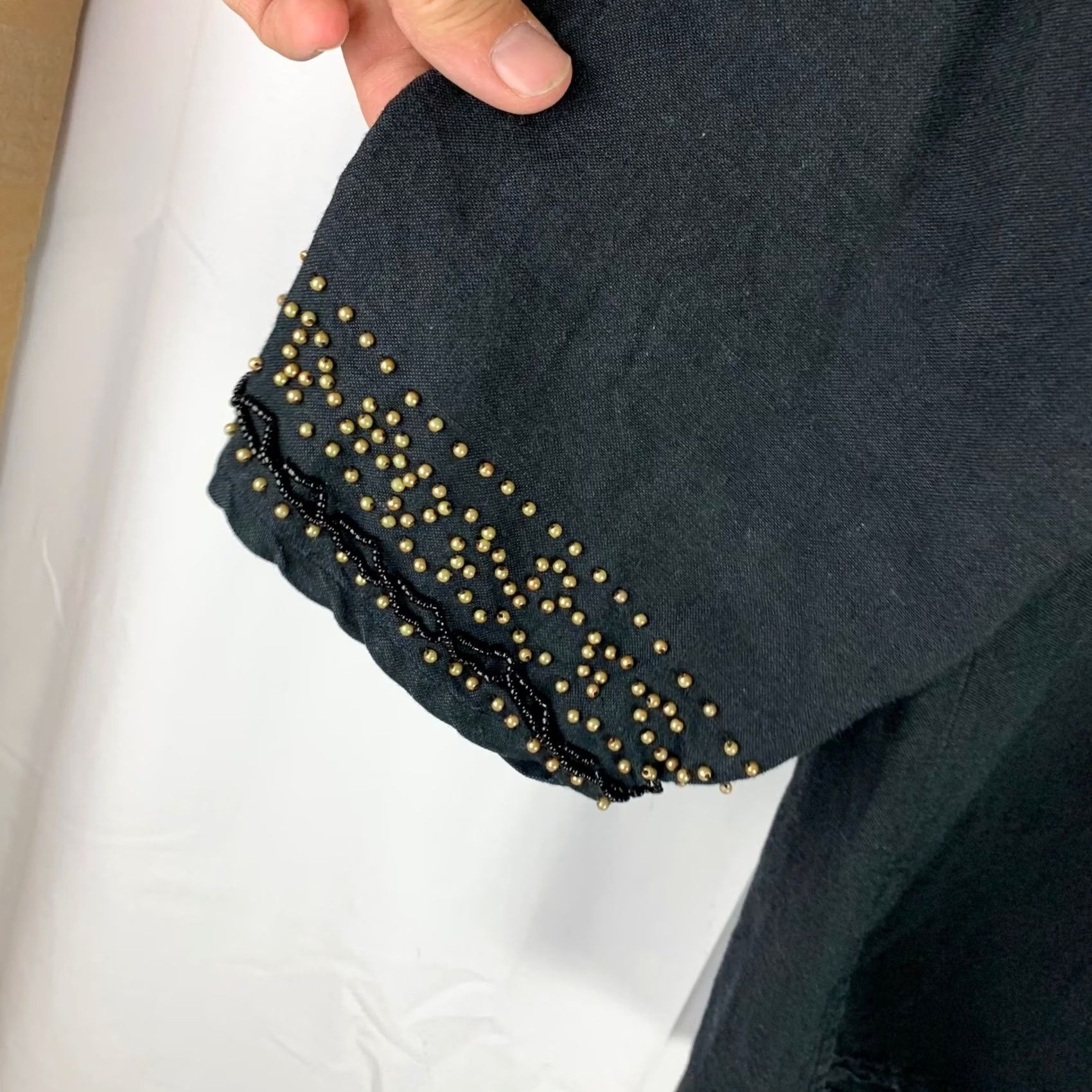 Vintage Kaktus Blouse Women's XL Black Beaded Linen Blend 3/4 Sleeve V-Neck Boho Top Size XL / US 12-14 / IT 48-50 - 4 Thumbnail