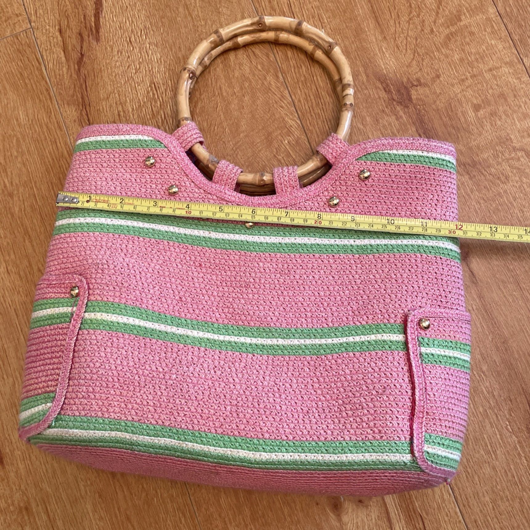 Vintage VTG Raphia Stripe Tote Bag Top Handle Bamboo Handles Pink Green Stripe Boho Women Small Size ONE SIZE - 7 Thumbnail