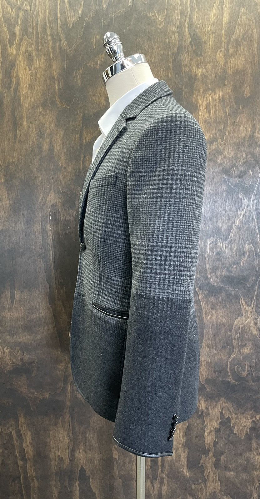 John Varvatos Leather Trim Plaid Felted Wool Jacket Size 40R - 4 Thumbnail