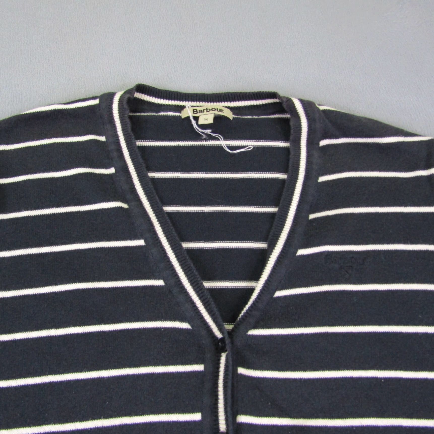 Barbour VINTAGE Barbour Cardigan Sweater Womens 14 Navy Cream Striped Knit Cotton Button Up V-Neck Size XL / US 12-14 / IT 48-50 - 2 Thumbnail