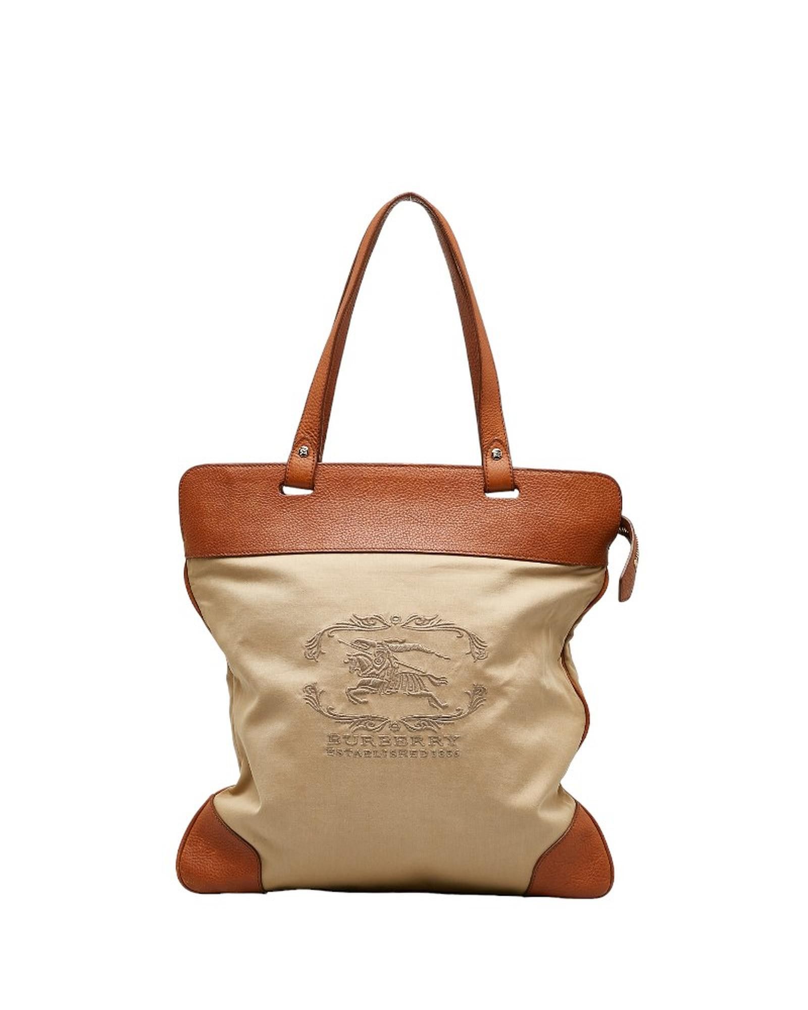 image of Burberry Logo Print Canvas & Leather Tote Bag in Brown, Women's