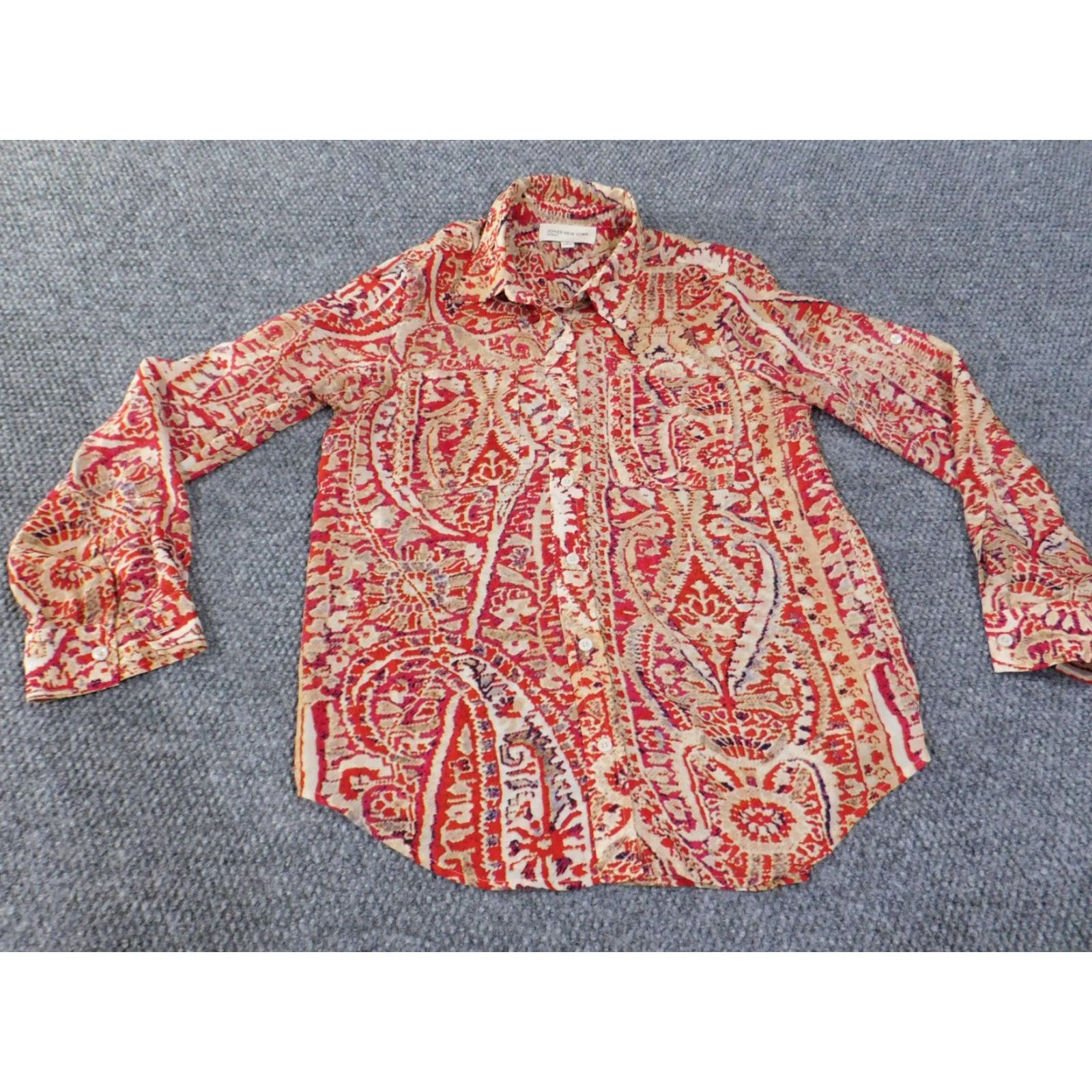 Jones New York Jones New York top Womens Button-Up City casual Geometric Red S Small Long Sleeve Collared Polyester Rayon Regular Stretch Size S / US 4 / IT 40 - 2 Thumbnail