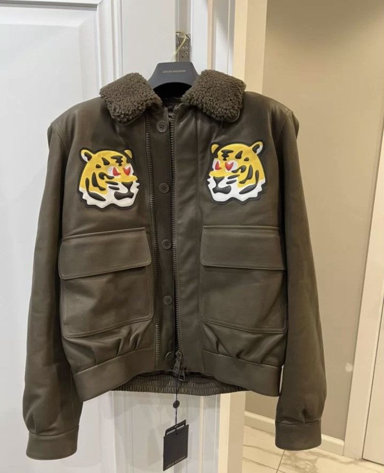 image of Louis Vuitton x Nigo Tiger Patch Leather Biker Bomber Jacket in Dark Brown, Men's (Size Small)