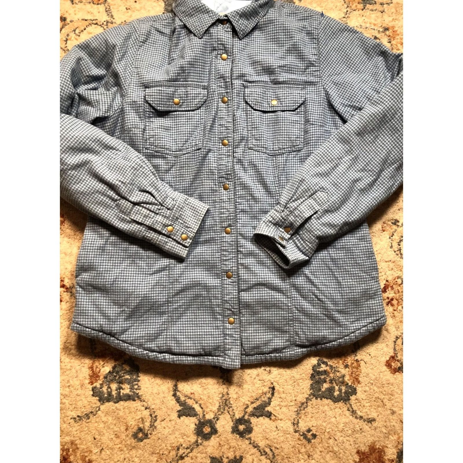 Vintage LL Bean Shirt Jacket Womens Medium Gray Blue Plaid Quilted Insulated Snap Front Size M / US 6-8 / IT 42-44 - 5 Thumbnail
