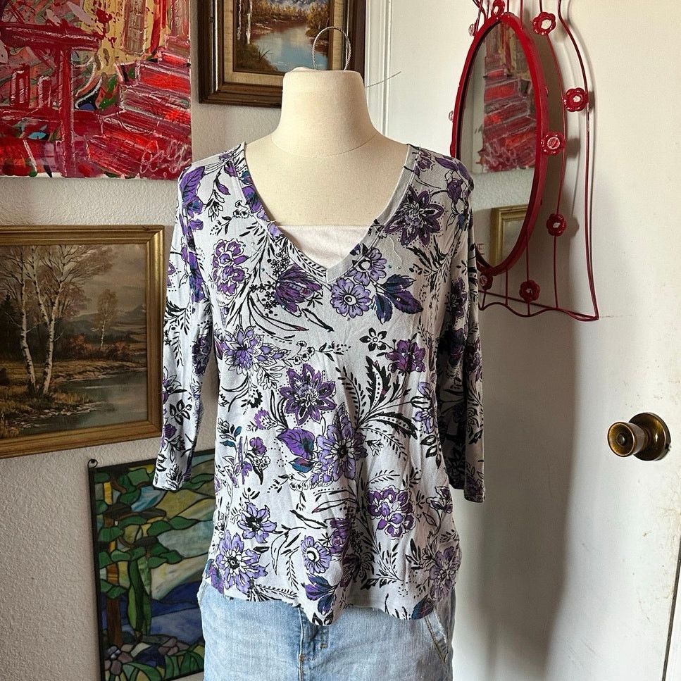 Basic Editions basic editions gray purple floral shirt Size L / US 10 / IT 46 - 1 Thumbnail