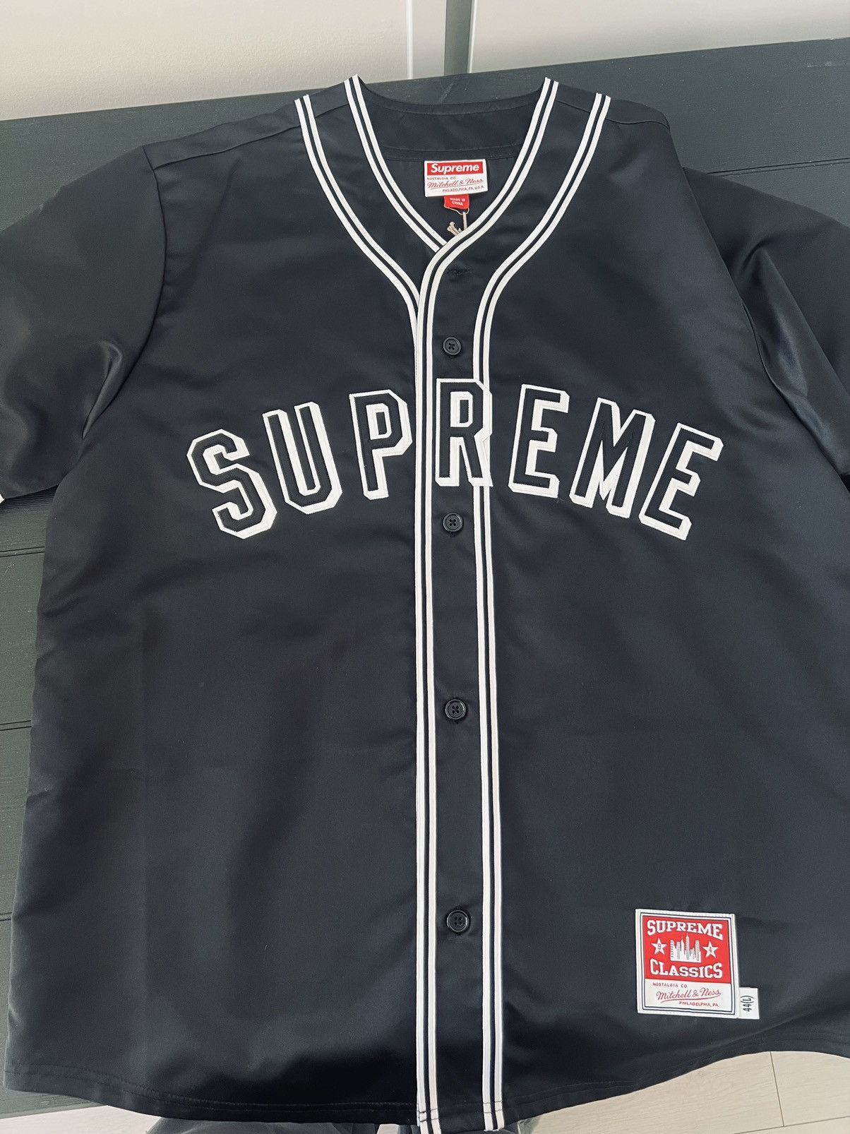 image of Mitchell Ness x Supreme Mitchell & Ness Satin Baseball Jersey Black Large 48, Men's