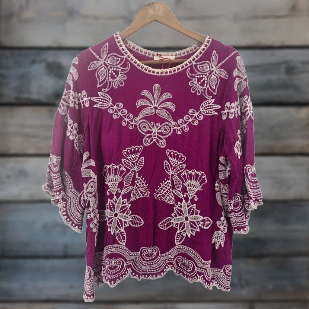 Vintage Solitaire Embroidered Boho Blouse Womens Magenta Purple 3/4 Sleeve Top Size M / US 6-8 / IT 42-44 - 1 Thumbnail