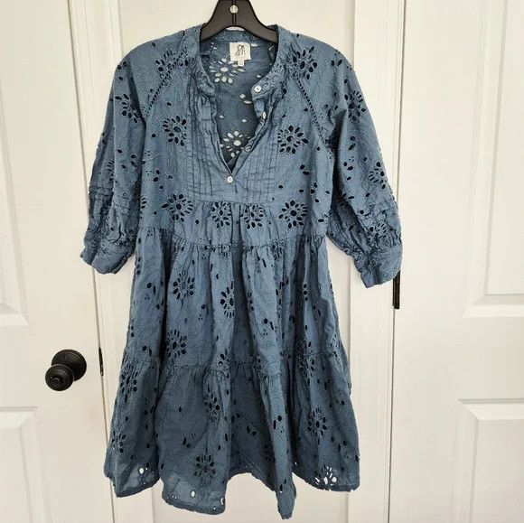 Anthropologie dRA Yara Teal 1/2 Button 3/4 Sleeve Eyelet Dress Boho Comfy Size XS / US 0-2 / IT 36-38 - 12 Thumbnail