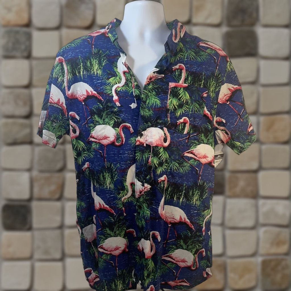 Carbon VINTAGE Hawaiian Shirt Pink Flamingos Men XL Carbon Rue 21 NWT Navy Graphic Print Short Sleeve Button-Up Size US L / EU 52-54 / 3 - 1 Thumbnail