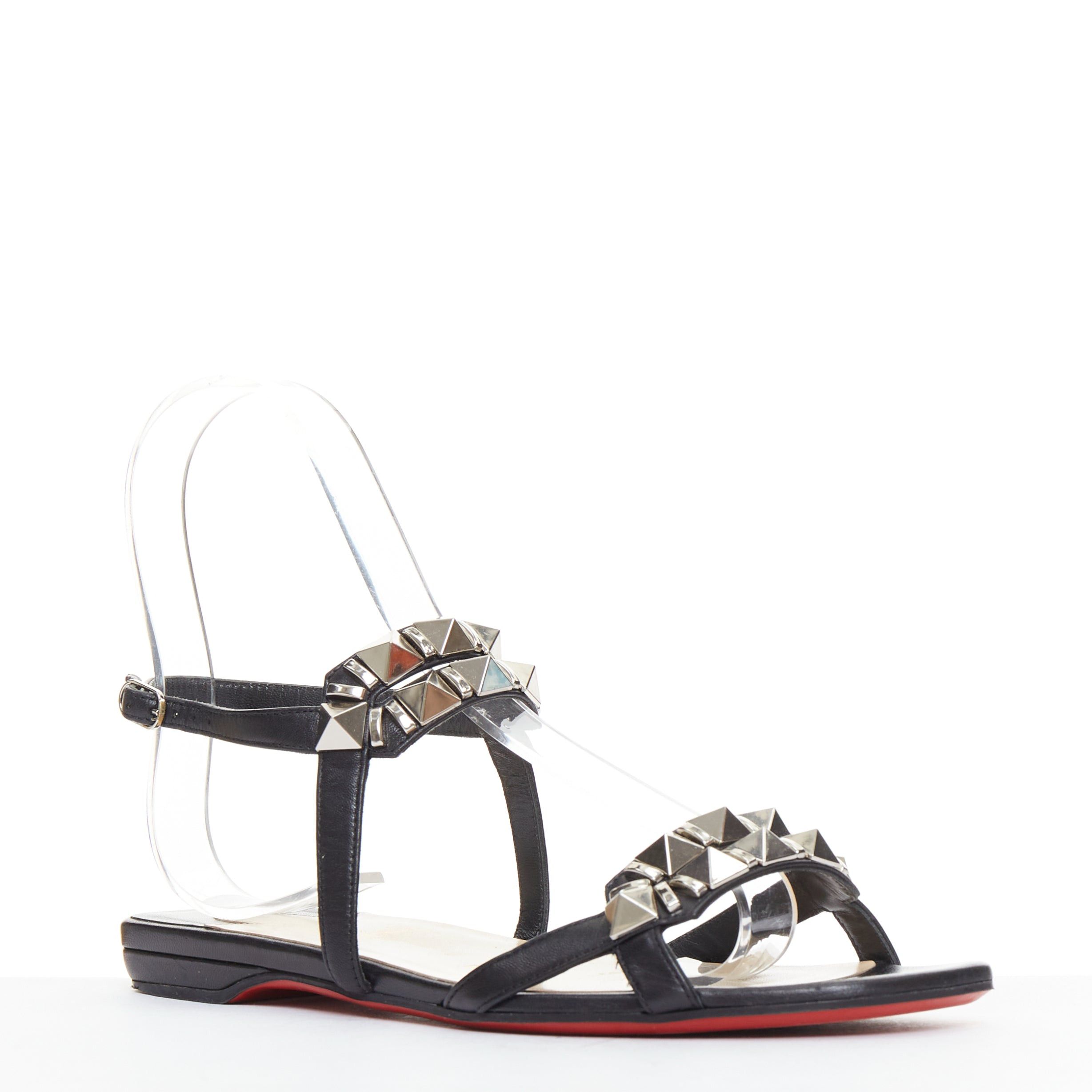 Christian Louboutin CHRISTIAN LOUBOUTIN Galerietta black calfskin leather silver studded flat sandals EU36.5 Size US 6.5 / IT 36.5 - 1 Thumbnail