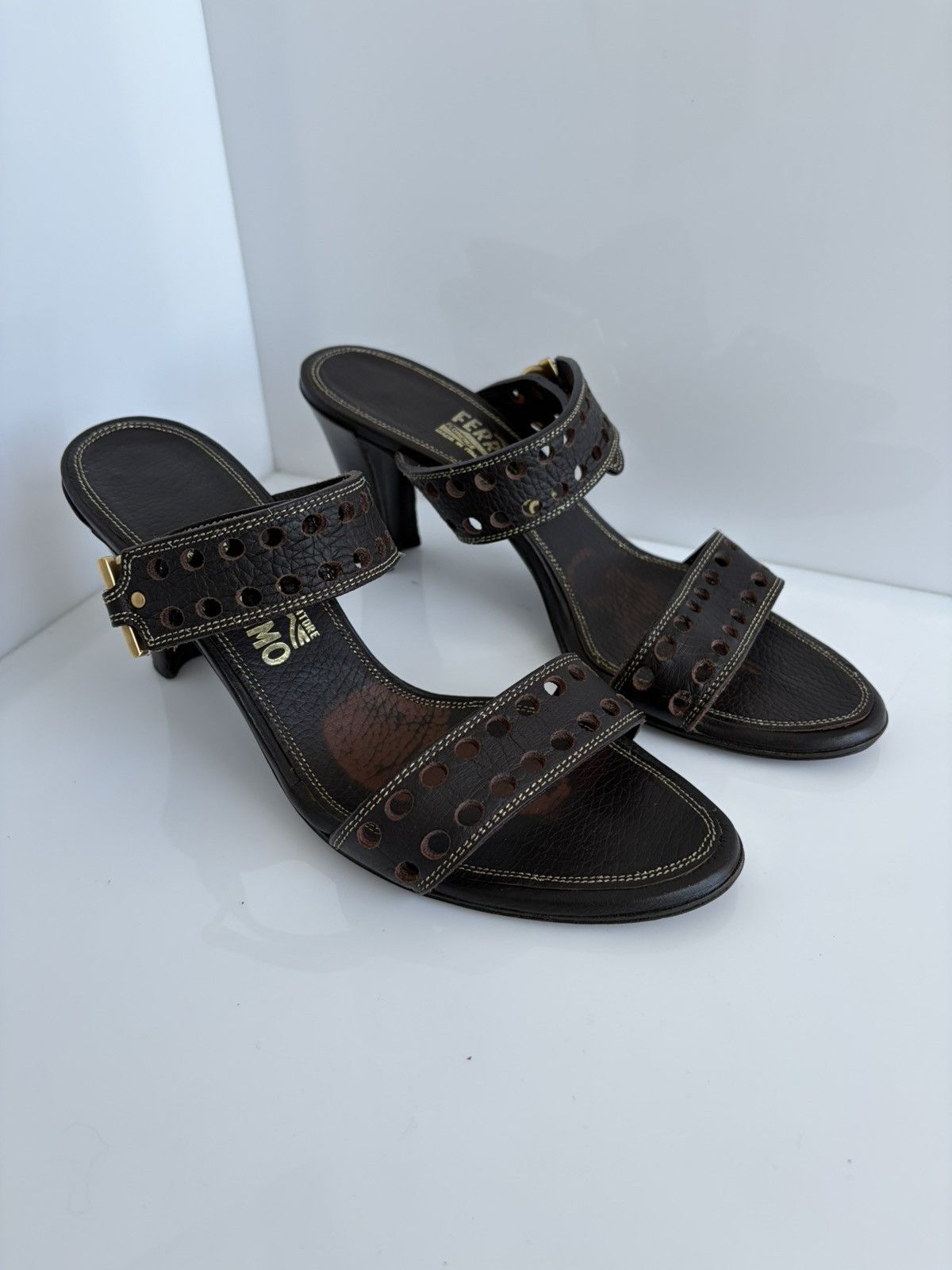 Salvatore Ferragamo Vintage Salvatore Ferragamo Perforated Leather Sandal Heels Size US 10 / IT 40 - 1 Thumbnail