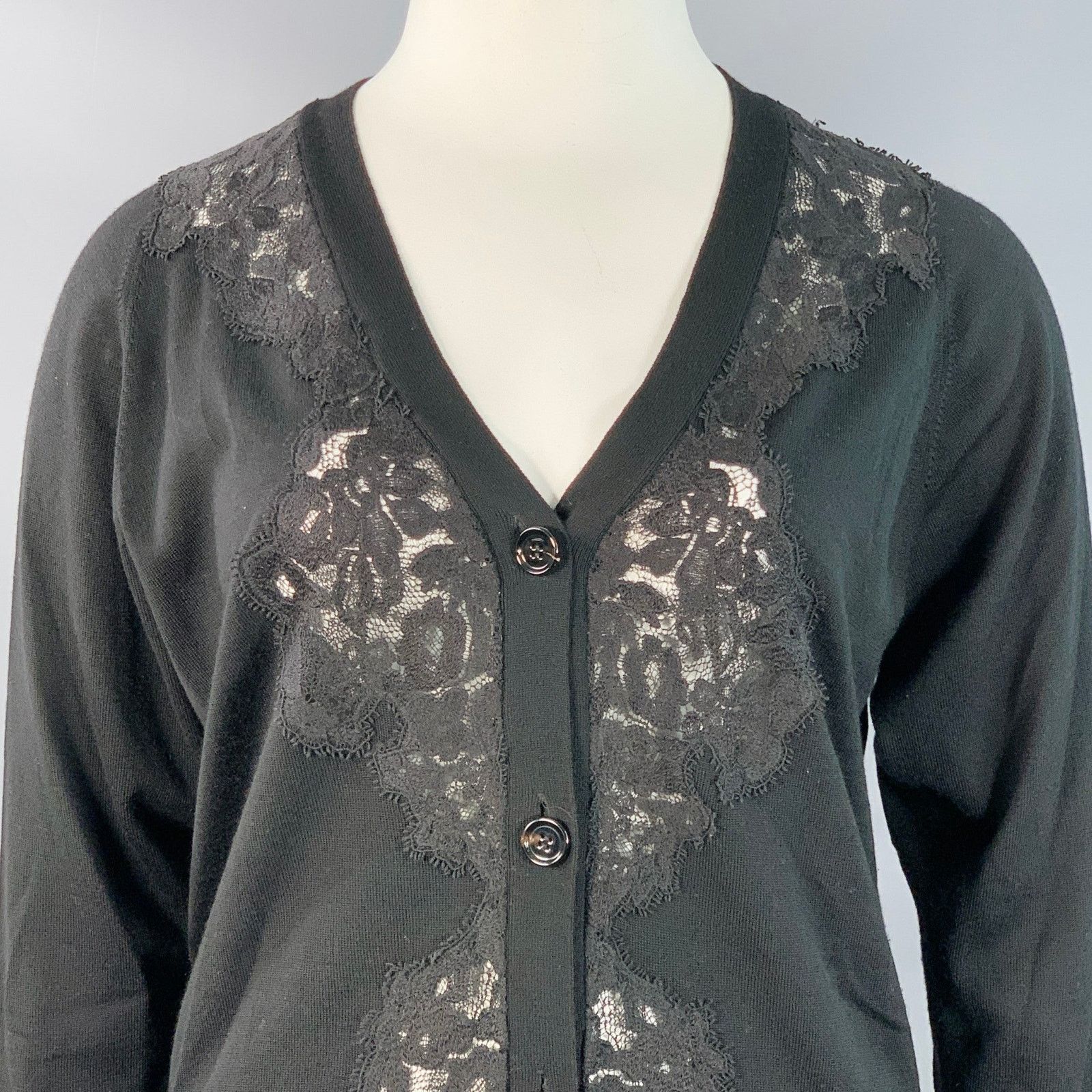 Chloe CHLOE Size L Black Wool Lace Trim V-Neck Button Up Cardigan Size L / US 10 / IT 46 - 2 Thumbnail