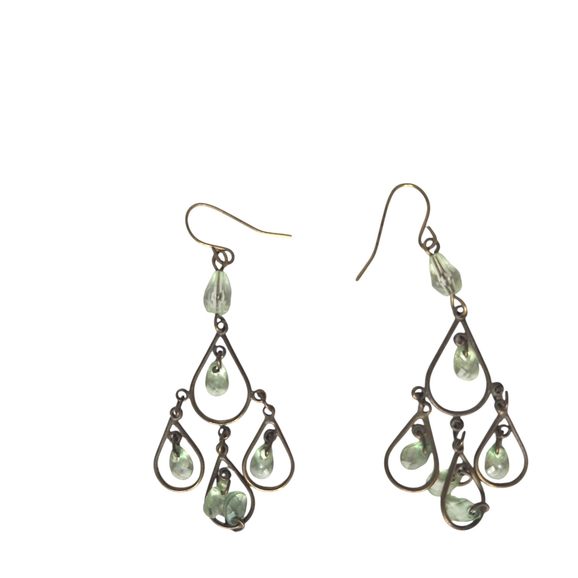Other Vintage Brass Green Glass Teardrop Chandelier Earrings Boho Size ONE SIZE - 1 Thumbnail