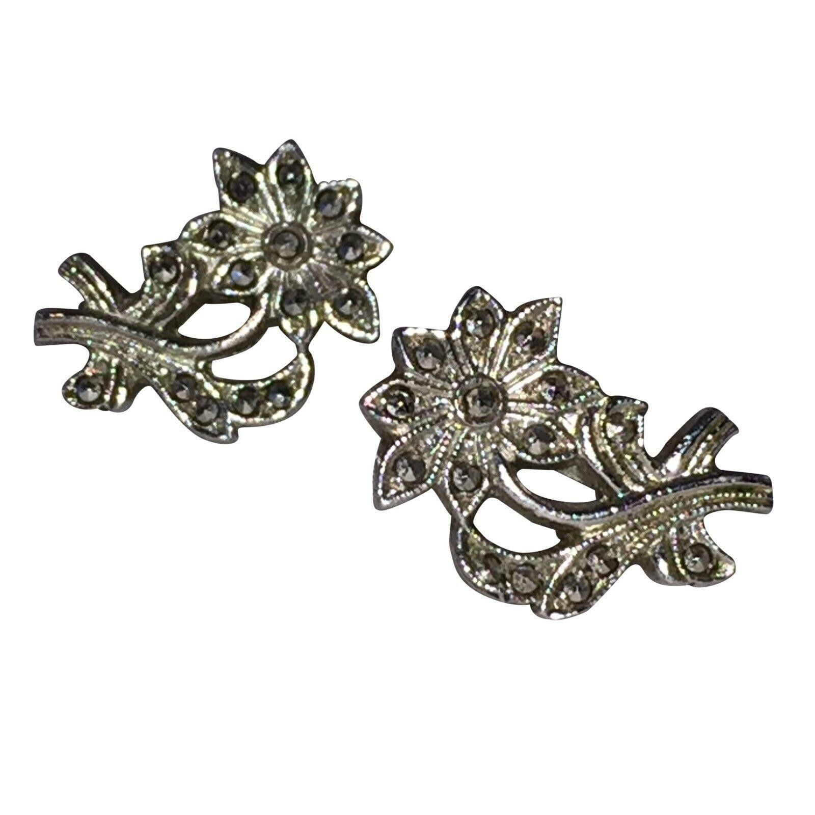 Designer Art Deco Sterling Marcasite Flower Earrings Size ONE SIZE - 2 Thumbnail