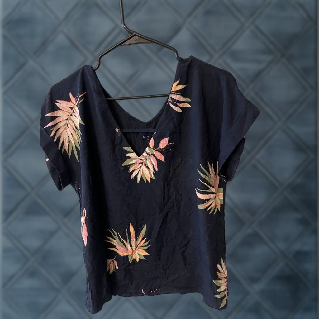 Vintage A New Day Blouse L Blue Floral Tropical V-Neck Short Sleeve Casual Womens Size L / US 10 / IT 46 - 1 Thumbnail